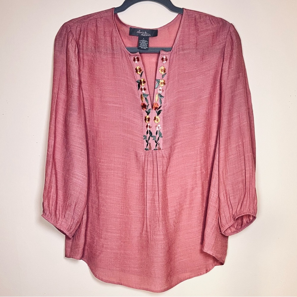 Olivia & Martin Boho Tunic Blouse Top Sz Large. Embroidered Neckline